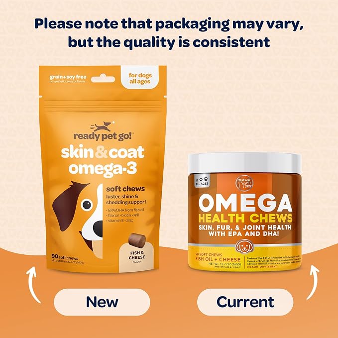 Ready Pet Go! Omega 3 + Calming Chews for Dogs | Helps with Dog Anxiety, Separation & Barking | Fish Oil for Dog Shedding, Skin Allergy, Itch Relief | 90 Chews Each