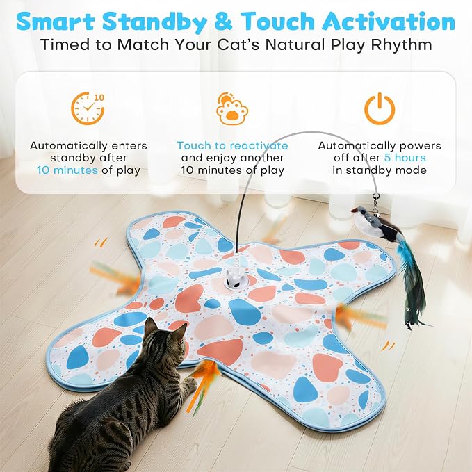 Interactive Cat Toys with Bird, Hide and Seek Cat Toy, 2 in 1 Automatic Moving Concealed Feathers for Indoor Cats, Non-Slip Suction, Touch Activated, USB Rechargeable, Blue