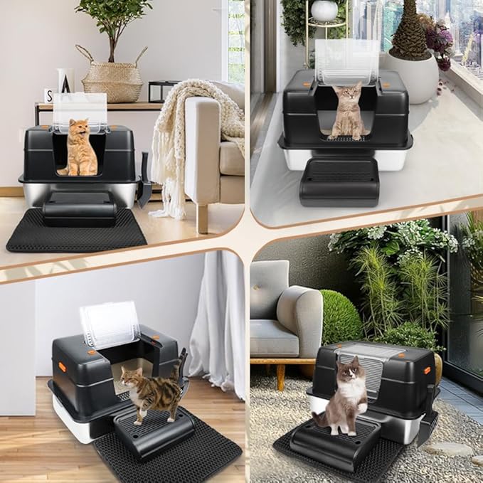 Vivifying Stainless Steel Litter Box, XL Side Entry Extra Large Litter Box with Lid for Big Cats & Kitty, Removable Enclosed Metal Cat Pan with High Sided Enclosure, Scoop (Black)
