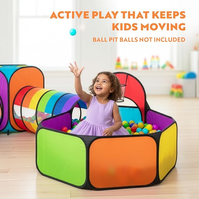 Playz 5pc Kids' Play Tents & Tunnels - Ball Pit for Toddlers, Basketball Hoop, Crawling Tubes, Pop-Up Playhouses, Baby Obstacle Course for Indoor or Outdoor Use