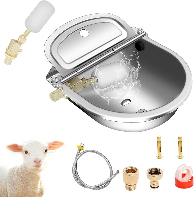 Automatic Animal Drinking Water Bowl, Stainless Steel Automatic Water Dispenser for Dogs Horses Goats, Livestock Waterer Water Trough with 2 Float Valves, Hose