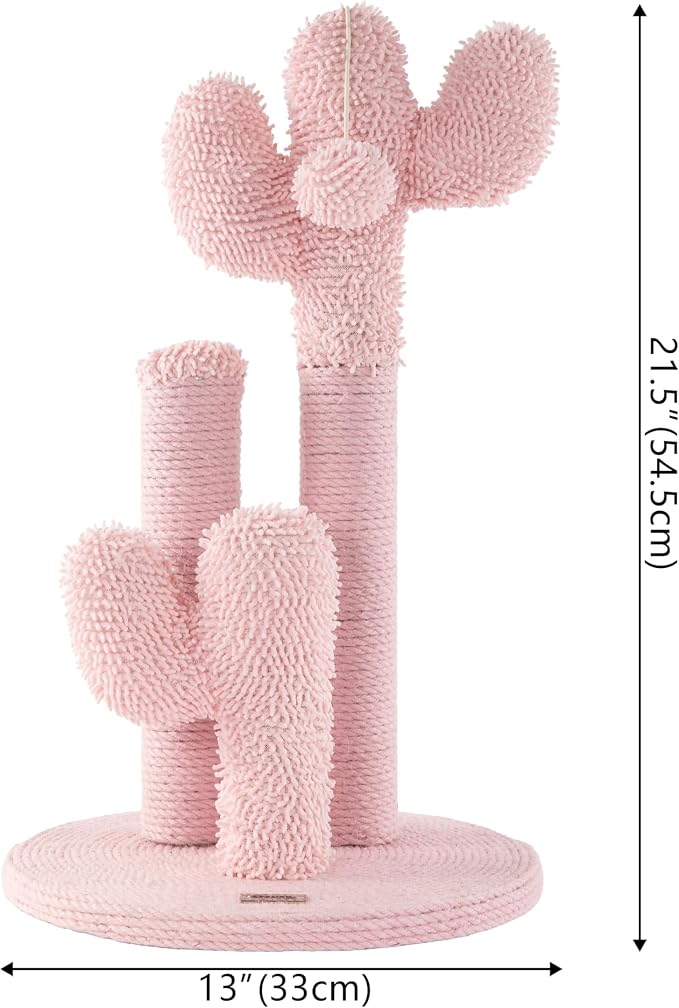Marfa 21.5" Modern Triple Cactus Cat Scratching Post with Fuzzy Toy, Natural Jute Rope Scratcher with Weighted Non-Slip Base, Pink CTR1008C