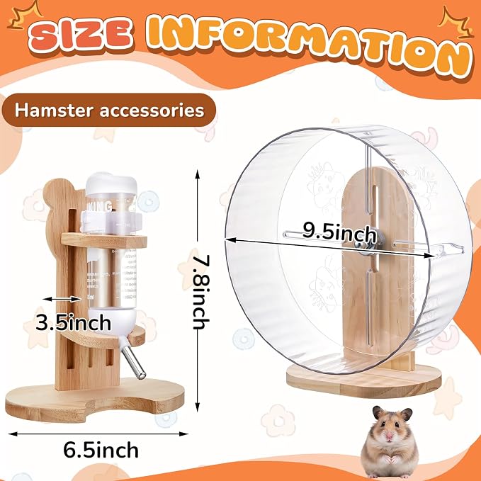 Silent Transparent Hamster Wheel with Cork Lining, 9.5 Inch Quiet Exercise Wheel for Dwarf Syrian Hamsters, Gerbils, Stable Small Animal Spinner Cage Accessories with Water Bottle Stand(M)