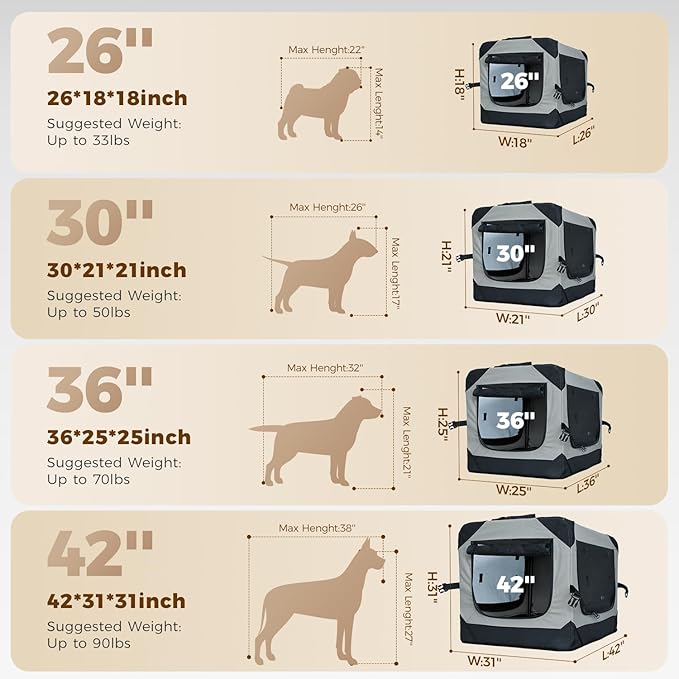 30 Inch Soft Collapsible Crate for Medium Dogs, 4-Door Portable Foldable Soft Kennel with Chew Proof Mesh Windows for Indoor & Outdoor Travel Grey