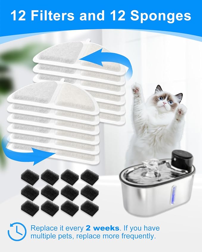 12+12 Pack Cat Water Fountain Filter Compatible with LIPPUP 3.2L Stainless Steel Cat Water Fountain, Replacement Filters for 6 Months, Activated Carbon & Ion Exchange Resin