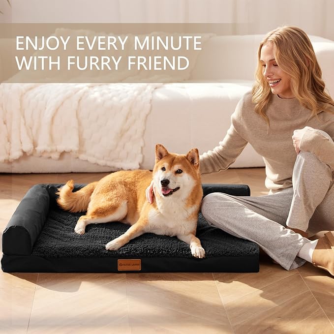 Patas Lague Orthopedic XL Dog Bed Large Sized Dog 42''X28'', Waterproof L Bolster Big Large Pet Sofa Beds with Removable Washable Cover, Soft Pet Couch Crate Mat with Nonskid Bottom, Black