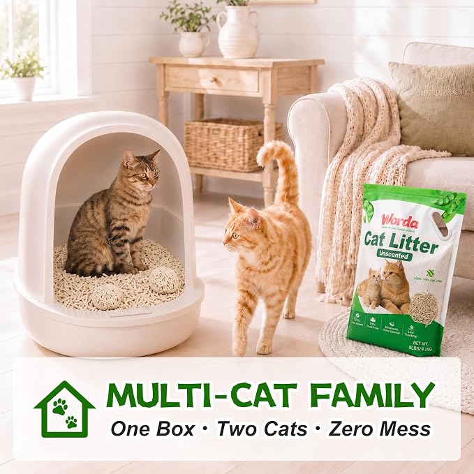 Worda Tofu 100% Natural Plant-Based Cat Litter Unscented, Dust-Free and Respiratory Friendly Low Tracking Fast Clumping for Multi-Cat Homes 9LB x 2 Bags