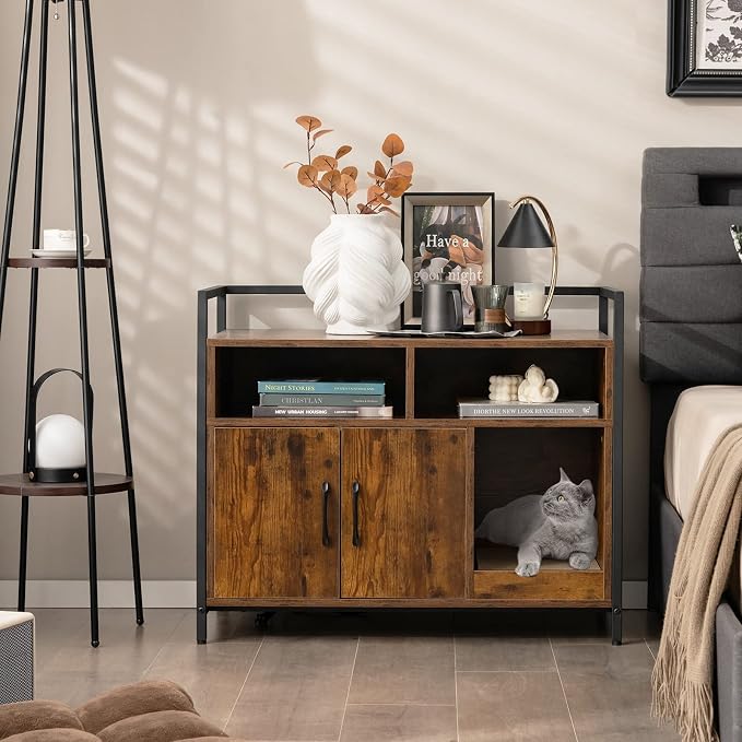 Tangkula Litter Box Enclosure, Cat Litter Box Furniture Hidden w/Metal Frame, Scratching Board, Storage Compartment, Wooden Cat Washroom, Indoor Cat House Side Table, Cat Box Cabinet (Rustic Brown)