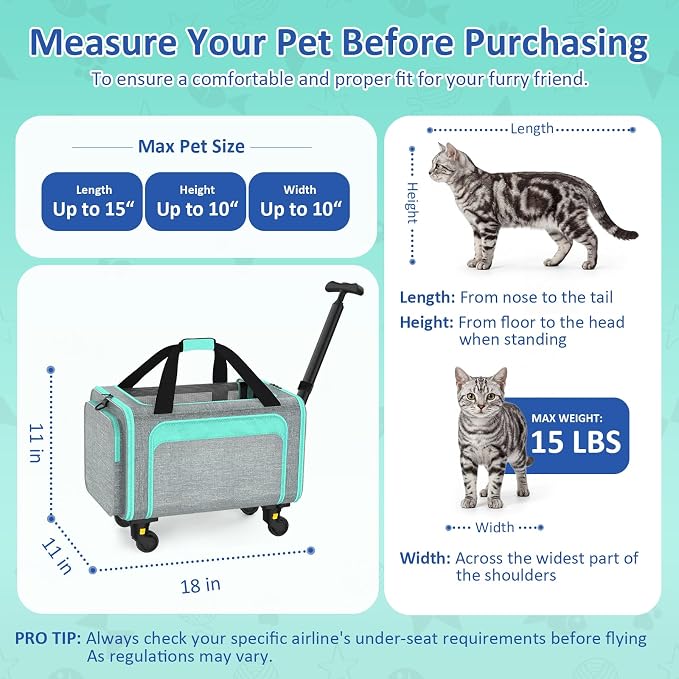 Rolling Pet Carrier with Detachable Wheels - 18x11x11 TSA Airline Approved for Southwest Delta United American, Soft Sided Expandable Travel Bag for Small Dogs & Cats up to 15Lbs, Fits Under Seat