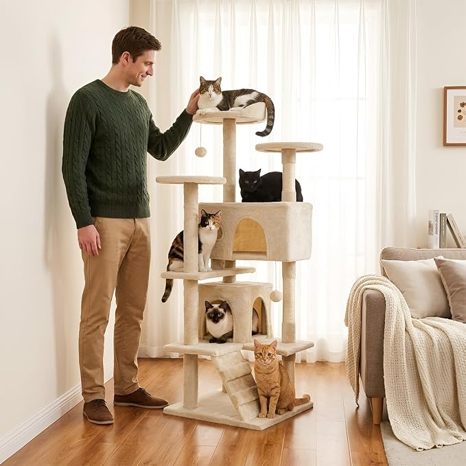 FDW | 54" Cat Tree Tower | Beige | Multi-Level Indoor Activity Center with Sisal Scratching Posts, Condos, Plush Perches, Hanging Cat Toys | Sturdy, Easy to Assemble | for Kittens & Adult Cats