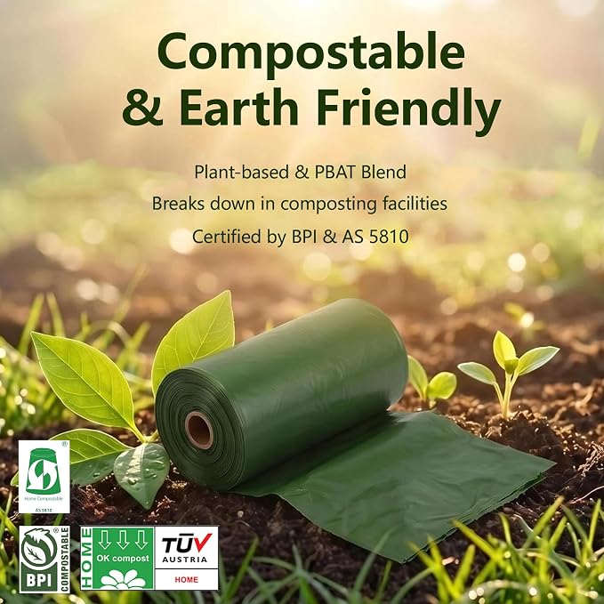 Home Compostable Dog Poop Bags, 20 Microns Extra Thick, 300 Count (20 Rolls) BPI Certified & AS 5810 Plant-Based Pet Waste Bags, 9x13 Leak-Proof Unscented Doggy Bags with Dispenser & 2 Hooks