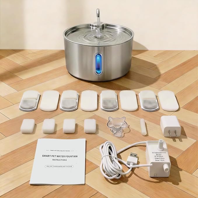 Stainless Steel Cat Water Fountain, 4L/135oz Large Capacity Automatic Pet Water Fountain for Cats & Small Dogs, Quiet USB Powered Pet Water Dispenser with 4 Filters & 4 Sponges