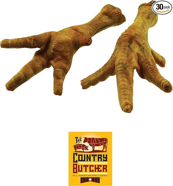 THE COUNTRY BUTCHER Chicken Feet Dog Treats for Small, Medium and Large Breeds, Natural Chew, Rich Source of Glucosamine and Chondroitin, Made in the USA, 30 Count - Rawhide Free, Nails Removed