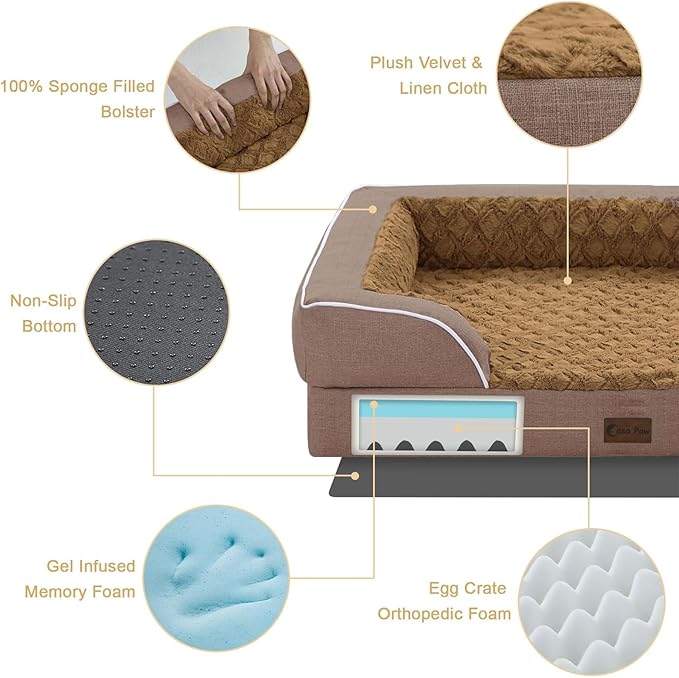Orthopedic Dog Beds for Extra Large Sized Dogs 42x30 Inch, XL Waterproof Egg Crate Foam Dog Sofa Bed with Removable Washable Cover Big Pet Couch with Bolster & Non-Slip Bottom, Brown