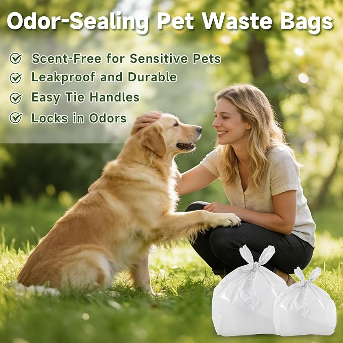 Odor Sealing Dog Poop Bags with Handles – 200 Count – Large Capacity | Heavy Duty Thick Pet Waste Bags - Leak Proof, Odor - Blocking (White)