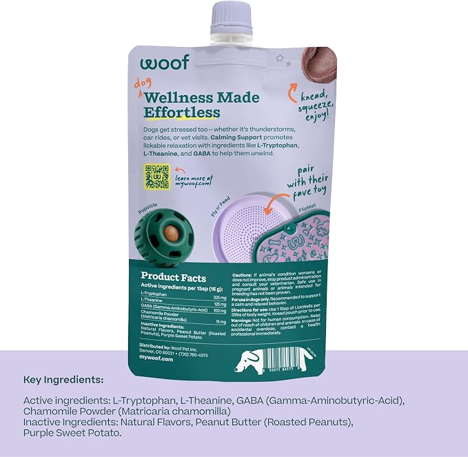 WOOF LickWells Calming Support - Dog Lick Mat Spread and Calming Supplement for Dogs - Promotes Relaxation for Normal Stress -Pairs with FlipMat and LickMat - 12 oz - PB & Sweet Potato Flavor