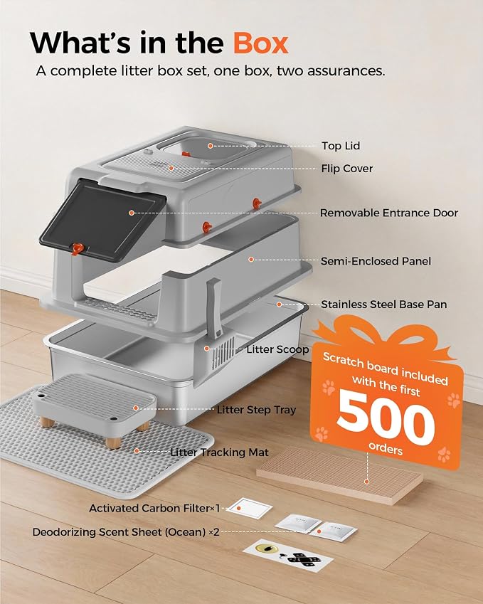 XXXL Stainless Steel Cat Litter Box with Lid, 27.5"×20.1"×17.3" Jumbo Enclosed Litterbox,Dual-Entry (Front Entry & Top Exit),High-Sided,Non-Stick,Odor Control,for Big Cats, with Mat,Scoop & Step,Grey