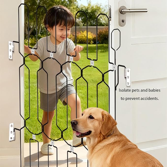 Metal Telescopic gate, 45 inches Wide and 35 inches high, is a Safe pet gate Suitable for Front Doors, RVs, doorways, etc., and is Easy to Install.