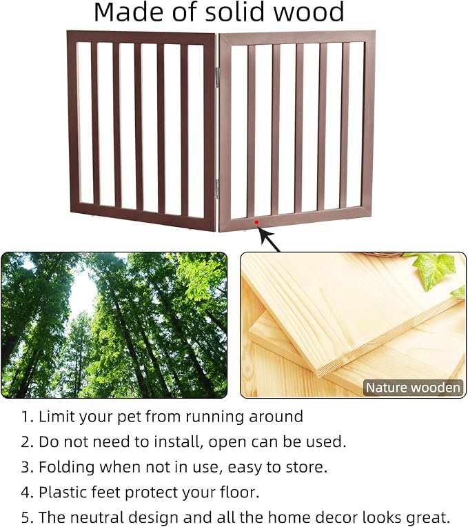 Dog Gate Indoor, Freestanding Dog Fence for The House, Doorways, Hallways,or Stairs,Pet Gate Foldable Wooden,Expandable 24" Height 2 Panels,Brown