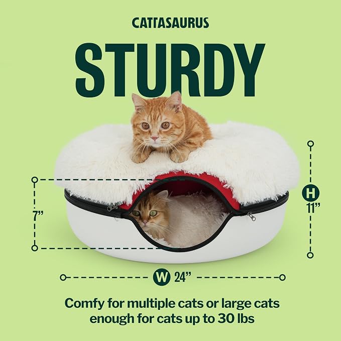 Cattasaurus Peekaboo Cat Cave for Multiple & Large Cats Up to 30-45 Lbs, Fluffy Cat Beds & Furniture, Scratch Detachable & Washable Tunnel Bed, Comfy Donut Bed (Ruby Snowball, Large (Calming))
