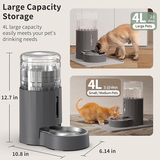 JUNSPOW Cat Water Dispenser with Filter and Stainless Steel Bowl, Automatic Gravity Water Dispenser for Cats or Small Medium Size Dogs, Large Capacity, Easy to Clean and Safe for Pets (4L Grey)