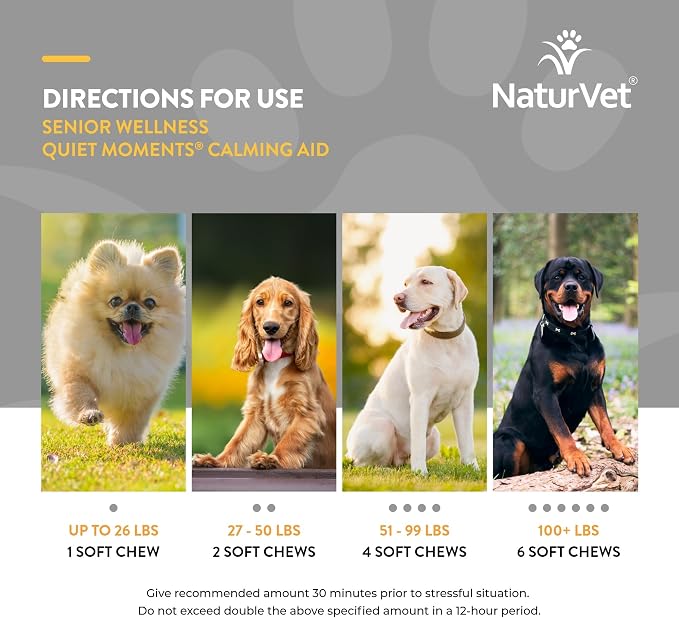 NaturVet Quiet Moments Calming Aid Dog Supplement, Helps Promote Relaxation, Reduce Stress, Storm Anxiety, Motion Sickness for Dogs (Quiet Moments Senior Wellness, 65 Soft Chews)
