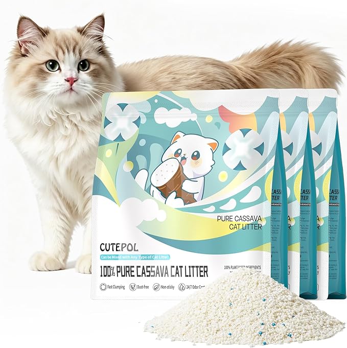 Cassava Clumping Cat Litter, Non Sticking, Rapid Clumping, Water Absorbent, Dust-Free, 16.5lb (3 Pack of 5.5lb Bags)