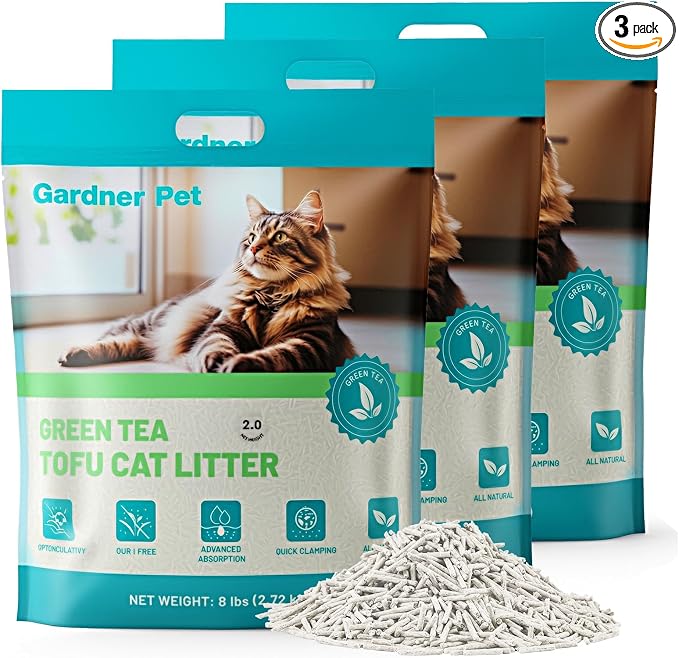 Gardner Pet Natural Tofu Cat Litter with Green Tea Extract – [2026 Upgraded] 18LBS Fast Absorbing & Strong Clumping, Low Dust, Odor Control Cat Litter for Easy Scooping, Multi-Cat Homes, 6 lbs x 3