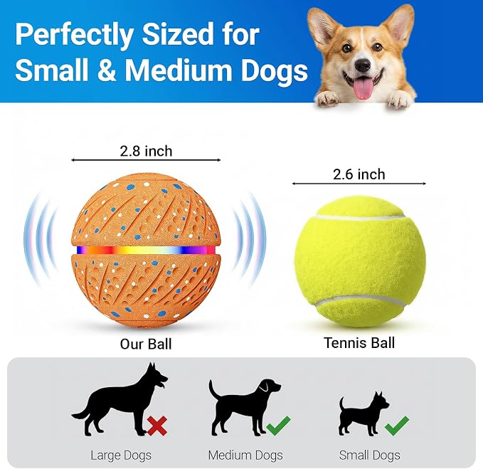 Interactive Dog Ball Toy for Small Medium Dogs – Automatic Rolling, Bouncing & Moving Dog Toy with LED Lights, 2-in-1 Fetch Toy, Durable E-TPU, USB Rechargeable (2.8” Orange)