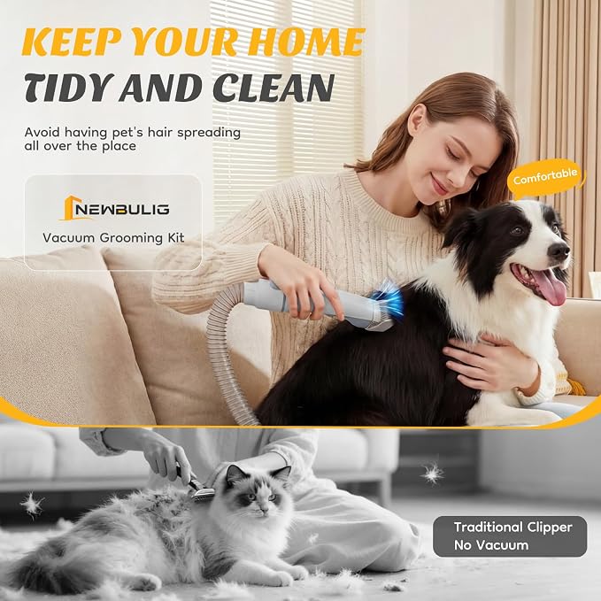 NEWBULIG Pet Grooming Vacuum Kit, 2.5L Dust Cup, 3 Suction Modes and 5 Groomer Tools, Dog Clippers with Cordless Low Noise for Cats, Dogs Other Animals Hair Trimmer