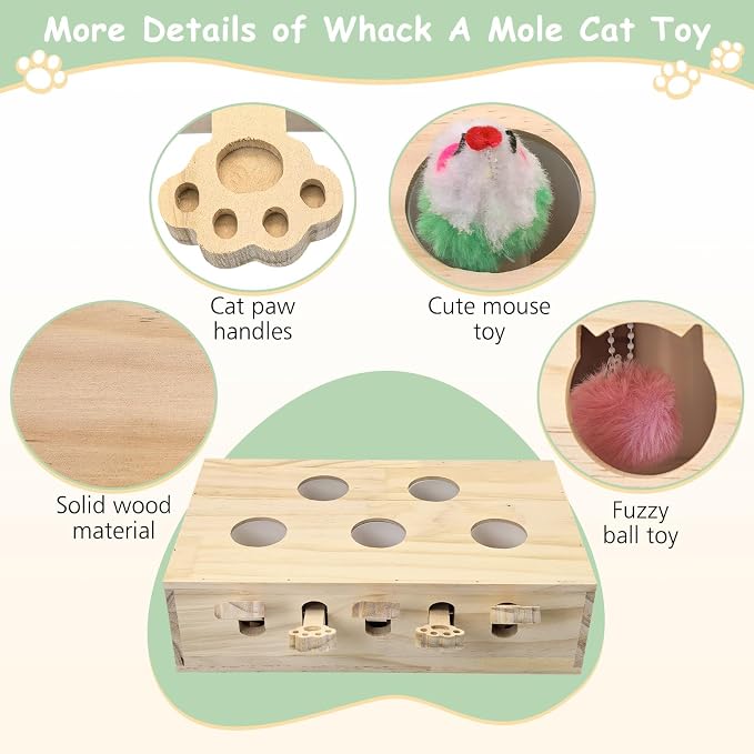 kathson Whack A Mole Cat Toy, Wooden Enrichment for Indoor Cat, Interactive Kitten Puzzle Toy for All Ages Cats Intelligence Training and Exercise (Rectangular)