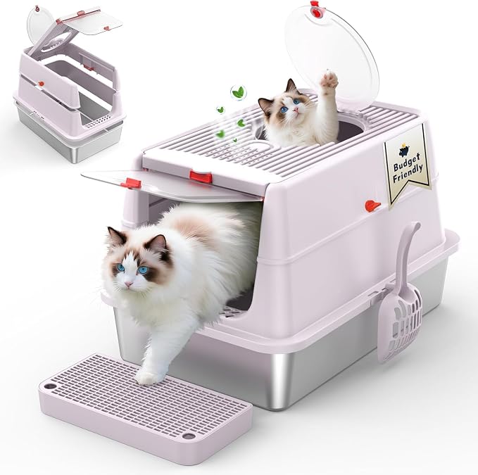 Stainless Steel Cat Litter Box with Lid, 180° Flip Top Kitty Litterbox, XL High Sided Enclosure Litter Pan for Big Cats, Front & Top Entry, Anti-Leakage, Odor-Free, Includes Scoop Mat, Purple Pink