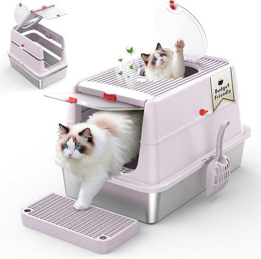 Stainless Steel Cat Litter Box with Lid, 180° Flip Top Kitty Litterbox, XL High Sided Enclosure Litter Pan for Big Cats, Front & Top Entry, Anti-Leakage, Odor-Free, Includes Scoop Mat, Purple Pink