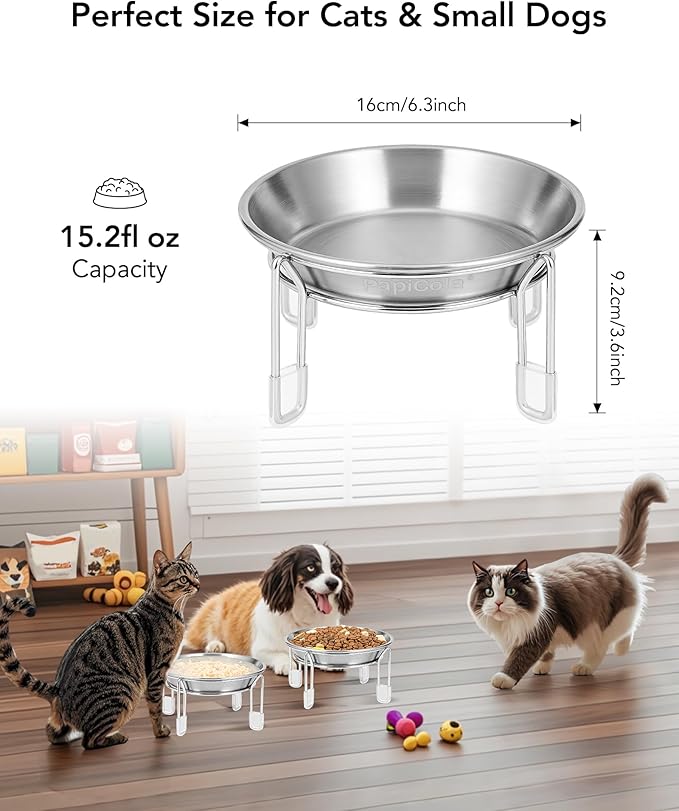 Elevated cat Bowl, 6.3" Wide Raised Stainless Steel Cat Food and Water Dishes, Small Dog Bowl, Whisker Friendly, Anti-Vomiting, Neck Stress-Free, Non-Slip Stainless Steel Stand with 4 Legs- 2Pack