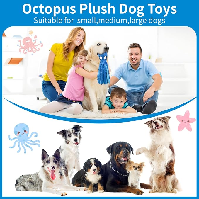 Plush Octopus Dog Toy with Squeaker, No Stuffing for Safety, Soft and Durable Dual-Layer Fabric, Suitable for Small to Large Dogs (Blue)