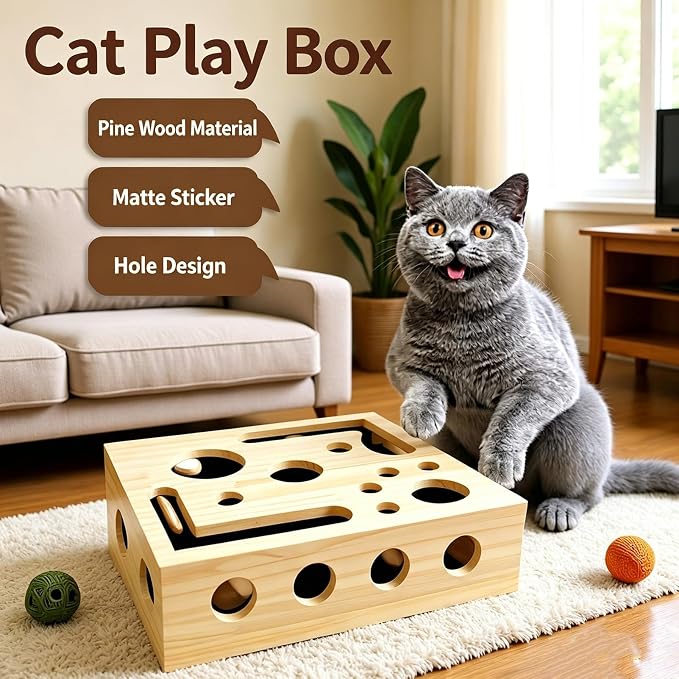 Cat Scratch Puzzle Enrichment Maze Box Wooden Nail File with Bell Ball Sandpaper Inside, Stress-Free Alternative to Nail Clippers and Grinders, for Cats that Hate Nail Trimming (Style-A)