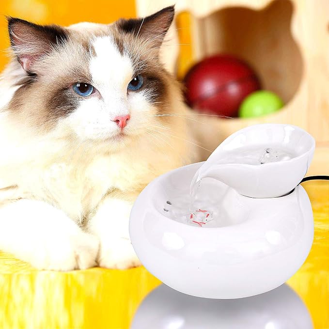 Ceramic Cat Drinking Water Fountain, 1.3 Liters Pet Water Fountains for Cats and Dogs, Electric Pet Water Dispenser with Quiet Pump and 5 Replacement Filters - White Leaf Style