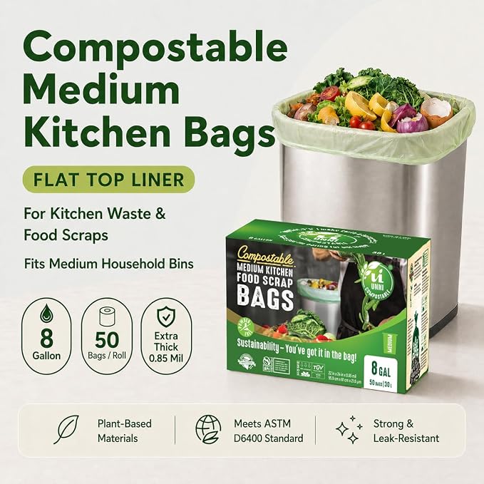UNNI Compostable Trash Bags, 8 Gallon / 30 Liter, 100 Count, Extra Thick 0.85 mil Medium Kitchen Food Scrap Bin Liners, Certified by BPI, CMA & OK compost HOME, Meets the ASTM D6400 Standard