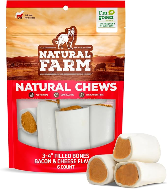 Natural Farm Bacon & Cheese Filled Bones (3-4 Inch, 6 Pack), Limited Ingredient, Natural Stuffed Dental Dog Bone Treats for Dogs, Made with Real Beef