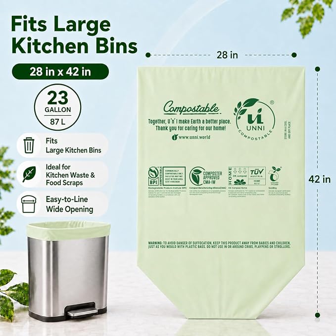 UNNI Compostable Trash Bags, 20-23 Gallon / 87 Liter, 60 Count Value Pack, Extra Thick 1.0 mil Large Bin Liners for Food Scrap, BPI, CMA & OK compost HOME Certified (Meets ASTM D6400)