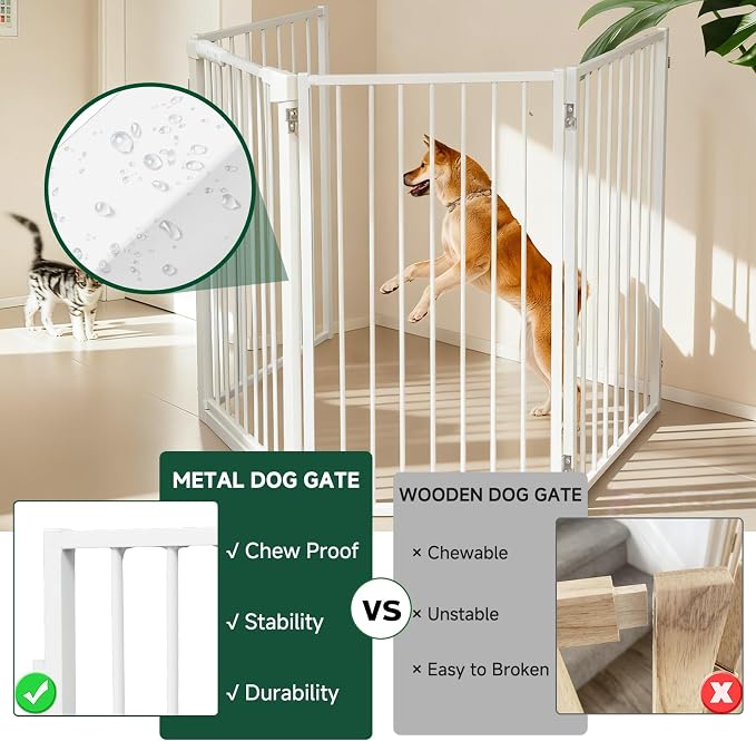 Snagle Paw Metal Freestanding Dog Gate with Door,80” W x 36” H Dog Fence with Support Feet for Doorways, Stairs and Hallways, Portable Pet Gate for Indoor Use (4 Panel, White)