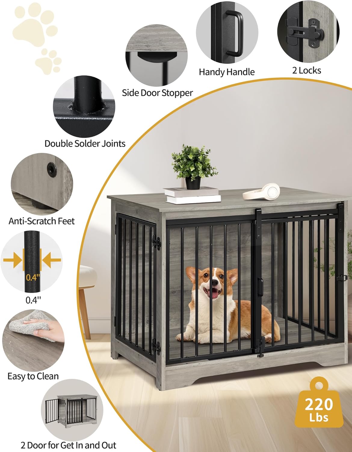 31.9" Dog Crate Furniture with Barn Door, Heavy Duty Dog Kennel Indoor with 2 Doors, Wooden Pet Cage End Table for Small Medium Dogs up to 44 lb, Anti-Chew Anti-Escape, Greige DFC83605B