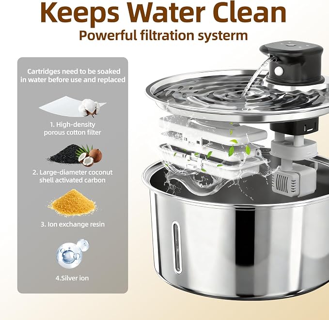 Wireless Cat Water Fountain,Cat Water Fountain Stainless Steel 3.2L/108oz Large Capacity Battery Operated Pet Water Fountain Indoor with Motion Sensor for Cats Dogs BPA-Free(P01B)