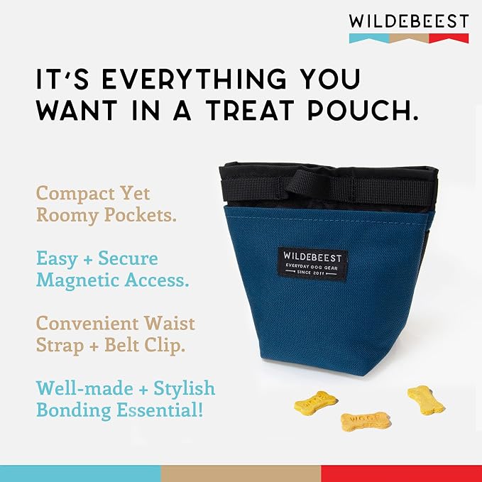 Wildebeest Dog Treat Pouch, Dog Treat Bag, Dog Training Treat Pouch, Dog Travel Bag, Pet Treat Pouch, Magnetic Closure, 2 Water-Resistant Compartments, Detachable Waist Strap & Belt Clip (Navy)