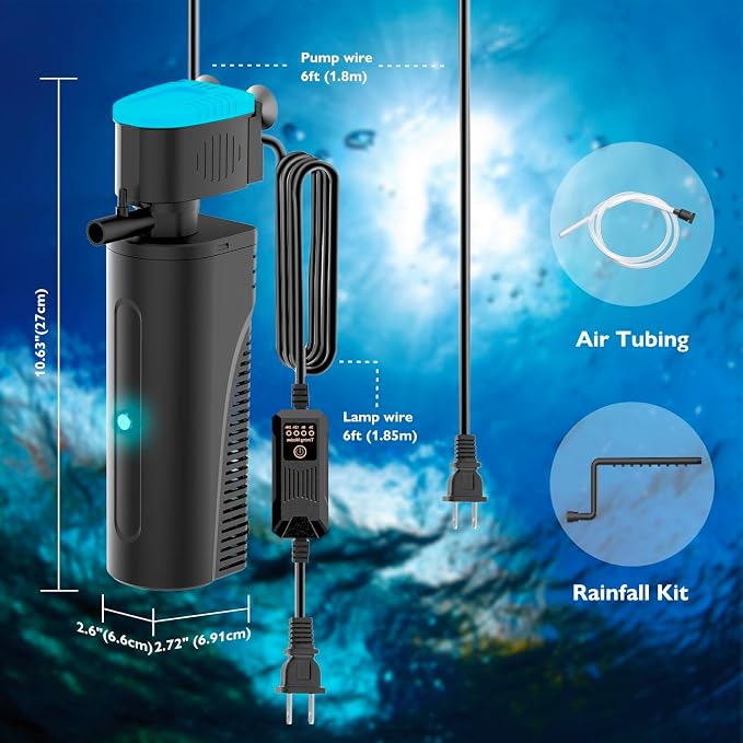 Aquarium Filter | U-V Fish Tank Filter for Green Water Cleaning | U-V Clarifier with Timer | Aeration & Rainfall Mode | Turtle Tank Filter | Submersible Pump with Filter | for 20-70 Gallons
