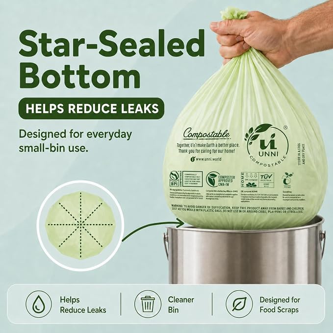 UNNI Compostable Trash Bags, 2.6 Gallon / 9.84 Liter, 100 Count, Extra Thick 0.71 Mil Small Kitchen Food Scrap Bin Liners, Certified by BPI, CMA & OK compost HOME, Meets the ASTM D6400 Standard