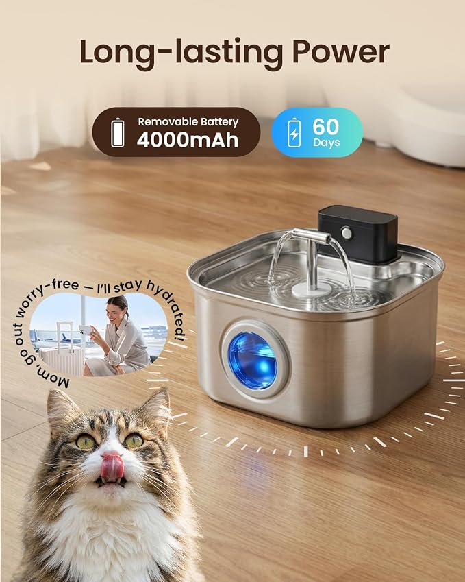 Cordless Cat Water Fountain Stainless Steel, 3.2L/108oz Wireless Pet Water Fountain, Battery Operated Rechargeable Automatic Cat Fountains for Drinking with Motion Sensor (4 Filter)