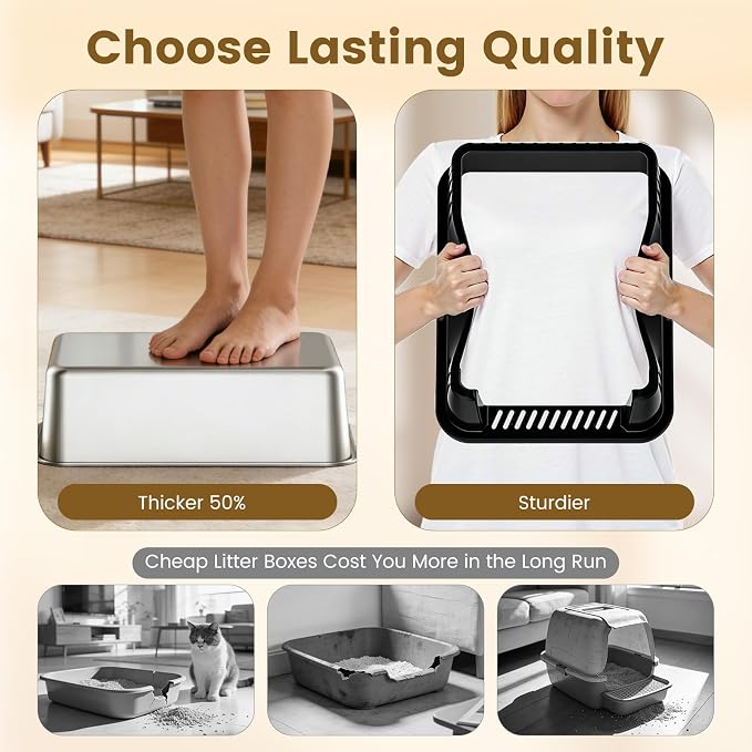 Stainless Steel Cat Litter Box, 11.8" High Sides for Litter Scatter & Urine Spray Control, Easy to Clean Non-Stick Litter Pan, Low Entry for Kittens, Small Cats, Compact Space-Saving Design