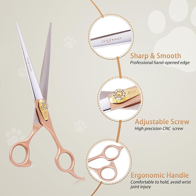 Professional Dog Grooming Scissors Rose Gold 440C Stainless Steel Straight Thinning Curved Chunker Shears for Pet Grooming Services Dogs and Cats (Straight, 7‘’)