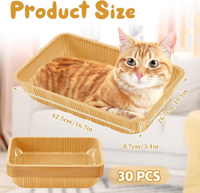 Tessco for you 30 Pack Disposable Cat Litter Boxes, Plastic Leakproof Litter Trays for Cats, Disposable Travel or Temporary Litters Pan for Kittens and Small Pets, 16.7 x 10.5 x 3.4 Inch(Light Brown)